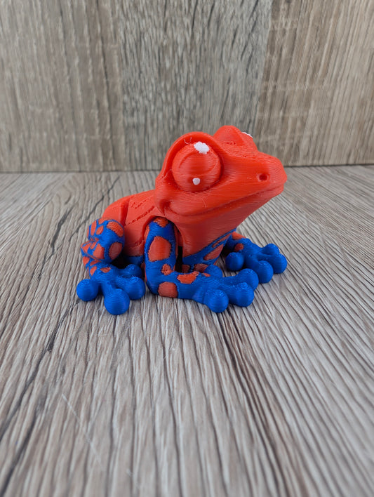 Side profile of the rigid red and blue spotted frog toy, showing large white eyes and layered surface texture on the body.