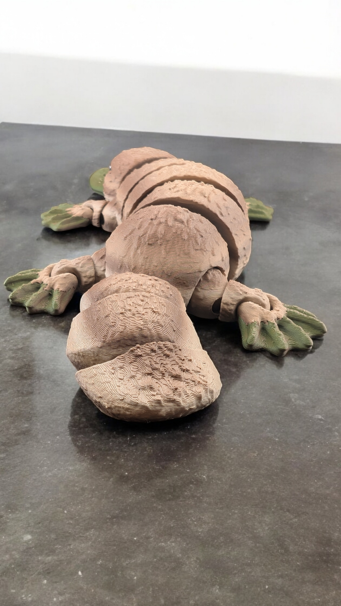 Low-angle view looking over the segmented body of the tan platypus as it rests on a dark speckled counter.