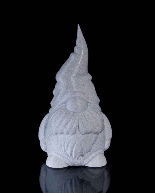 Full front view of a textured gnome statue featuring a tall tapered hat, finished in matte speckled grey.