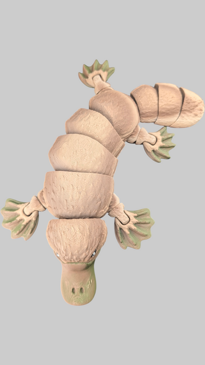 Overhead view of the articulated platypus curled in an S-shape, showing the segmentation and green webbed feet.