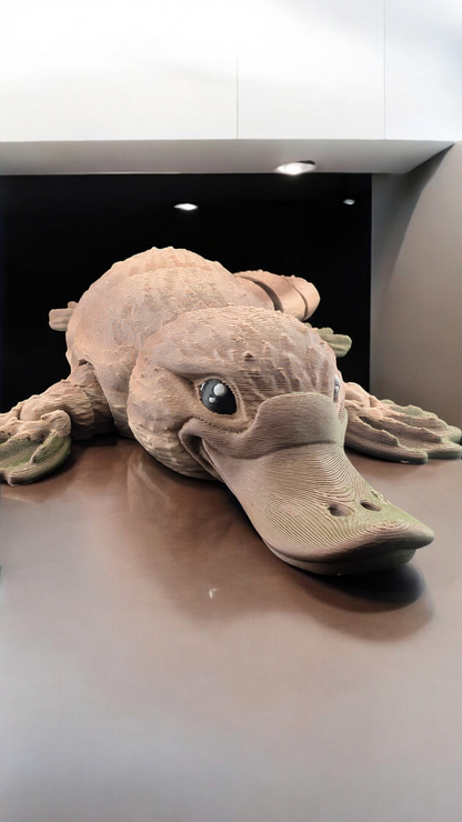 Extreme close-up of the segmented tan platypus body and head, emphasising the textured fur and large eyes.