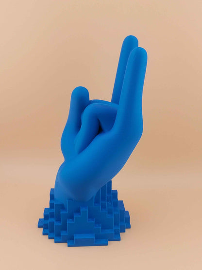Side profile of the empty matte blue hand controller stand, displaying the two fingers raised in the 'Rock On' gesture.