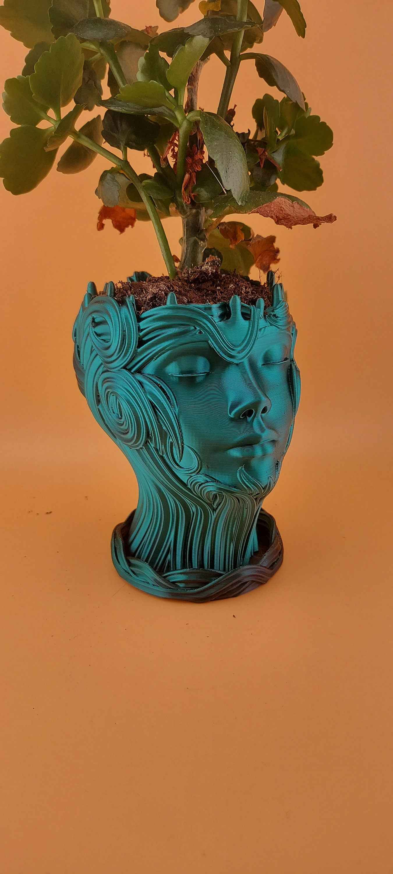 Stylized teal female bust planter with intricate, flowing texture holding a struggling plant. Front view.