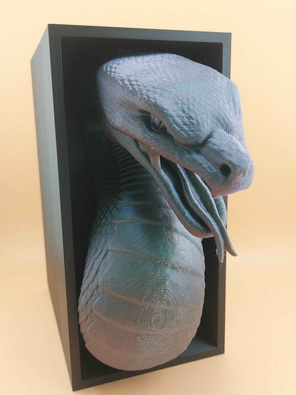 Freestanding view of the matte grey snake bust in a black box bookend, showing the full body curve against a beige background.