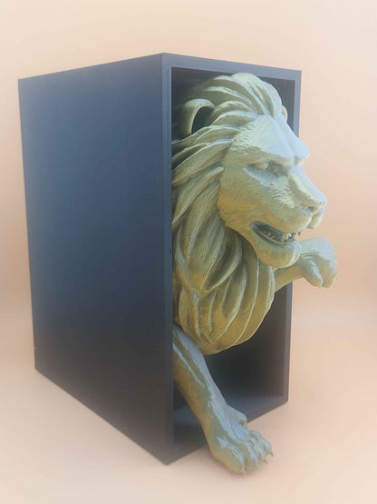 Right side profile of the detailed gold-green lion stepping out of the solid black rectangular frame.