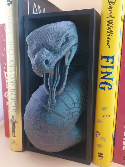 Iridescent blue-grey snake head emerging from a black book nook, detailed scales visible. Flanked by books.
