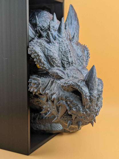 Extreme profile close-up of the rough, charcoal dragon snout emerging from the frame, highlighting its formidable spiked teeth.