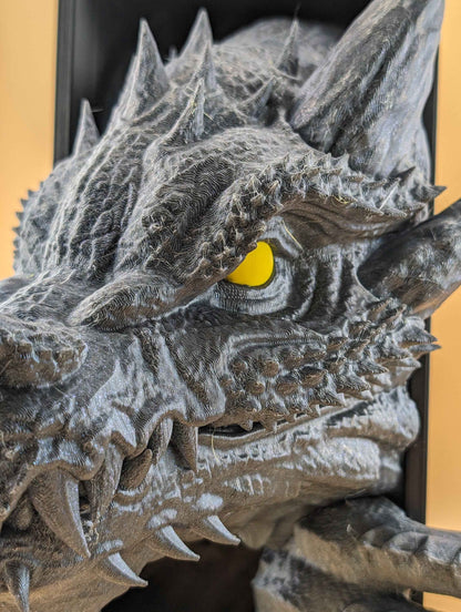 Macro detail shot of the dragon's grey, textured scales and spiky brow ridge. The intense focus is on the single, bright yellow eye.