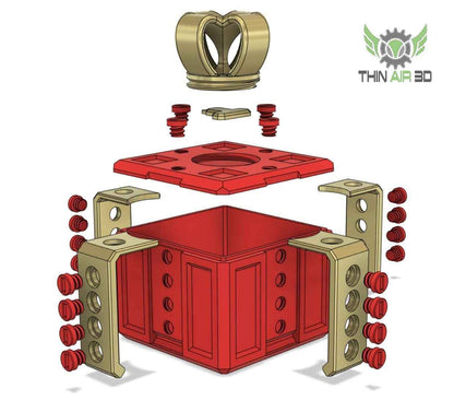 Exploded view diagram showing all puzzle box components: red container, gold corner brackets, red lid, gold bow, and numerous red fasteners.