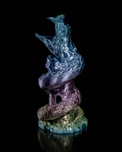Detailed, twisting dice tower sculpture in iridescent teal, violet, and green, captured in a three-quarter product shot.