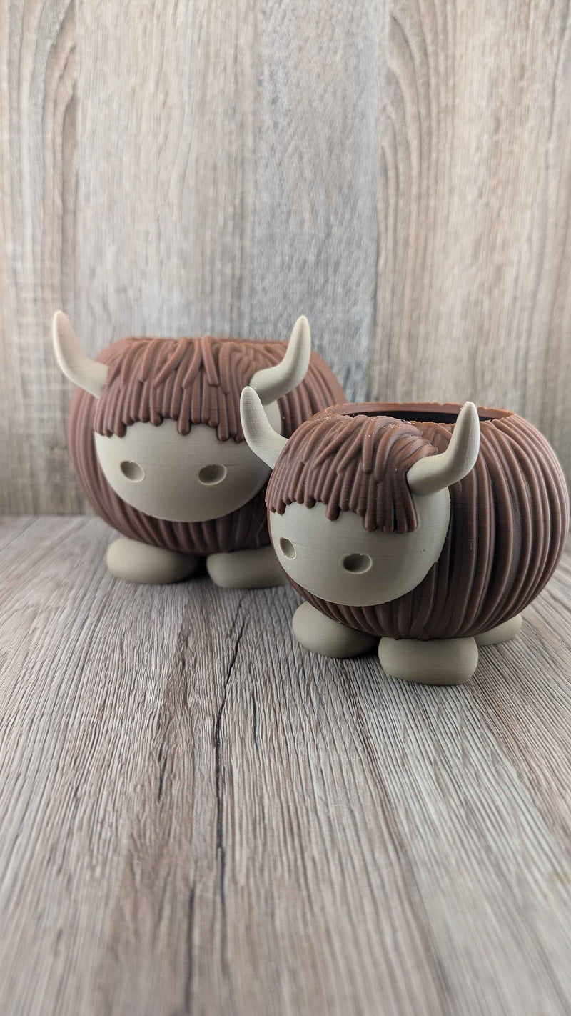 Matching pair of adorable brown and tan Highland Cow succulent planters on a rustic wood surface.