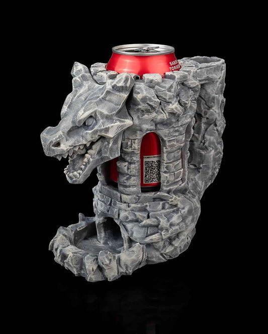 Detailed Grey stone dragon tower can holder, side view. A red soda can.