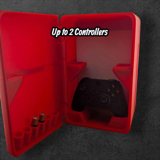 Interior view of the open red storage case, showing a fitted slot holding a black Xbox controller and battery wells.
