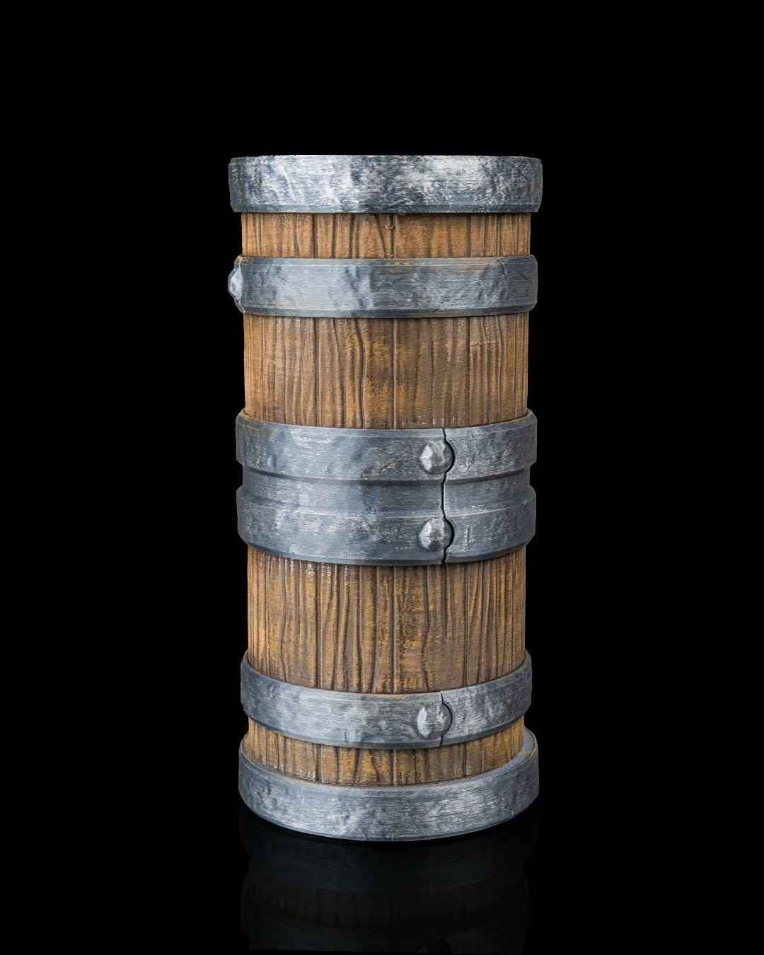 Straight rear view of the weathered wood dice tower barrel showing distressed silver bands and faux metal rivets.