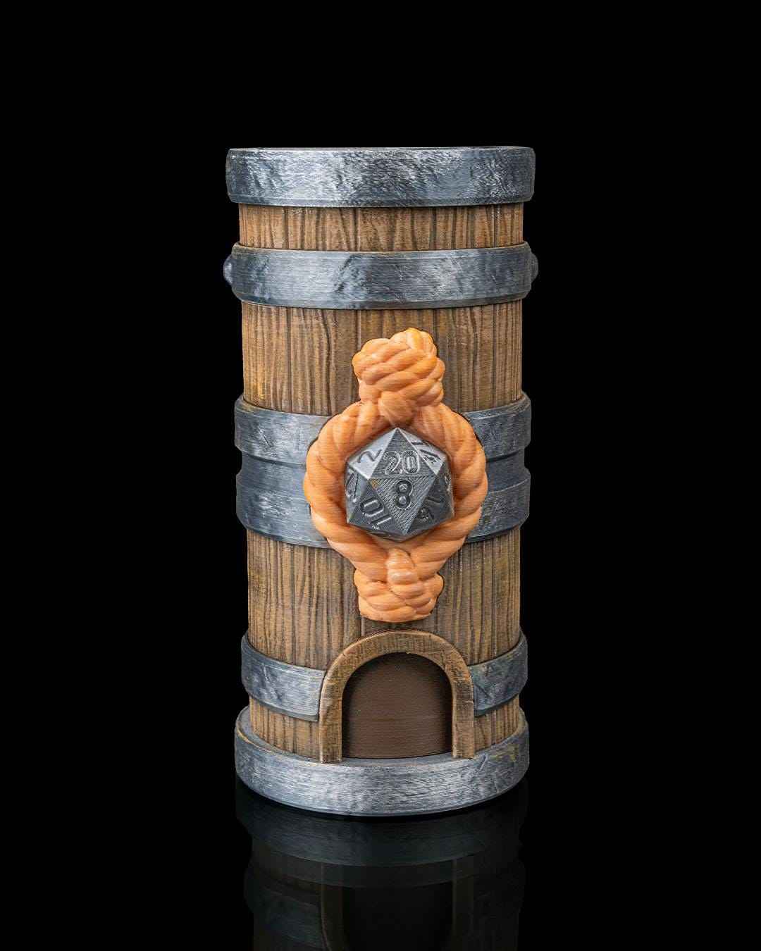 Detailed front view of the painted wood barrel dice tower. Central design features an orange rope knot holding a silver D20 model.