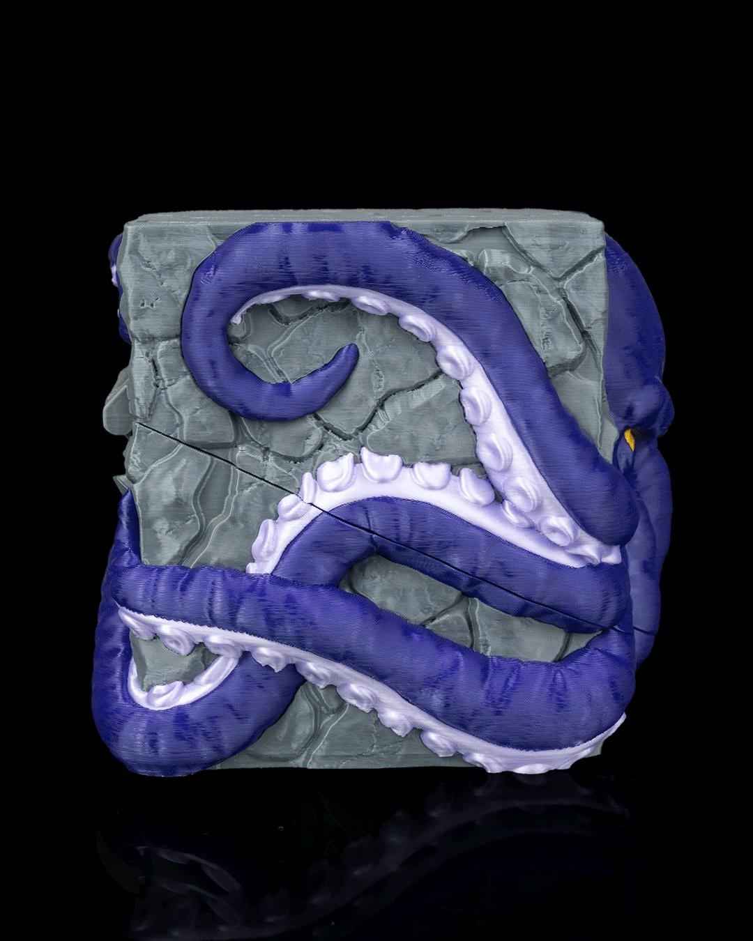 Side profile of the gray stone container, showing intertwined purple tentacles with contrasting white suckers.