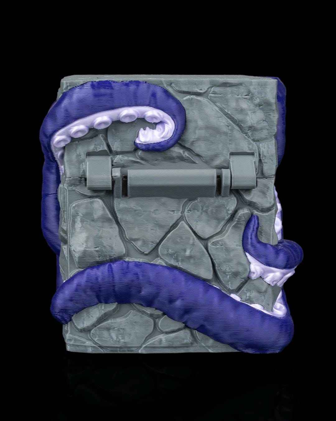Rear view of the stone box showing the functional gray hinge mechanism framed by curling purple octopus tentacles.